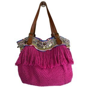 Elliot Mann Bag Indie Fuchsia Cotton Beaded Coins Handmade Boho Festival Purse